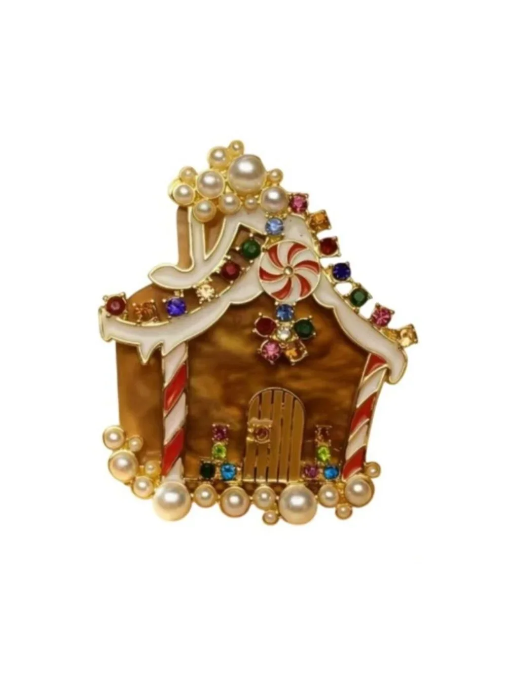 Ginger Bread House Christmas Brooch Acrylic & Enamel with Imitation Pearls
